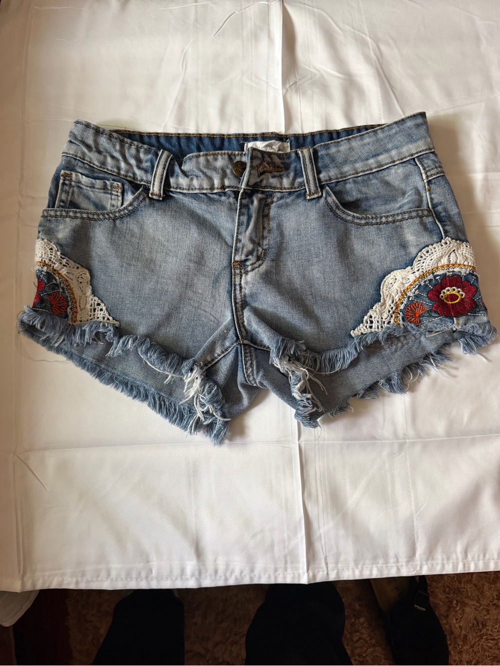 Others Follow Light Blue Denim Shorts with Floral Lace Appliqué